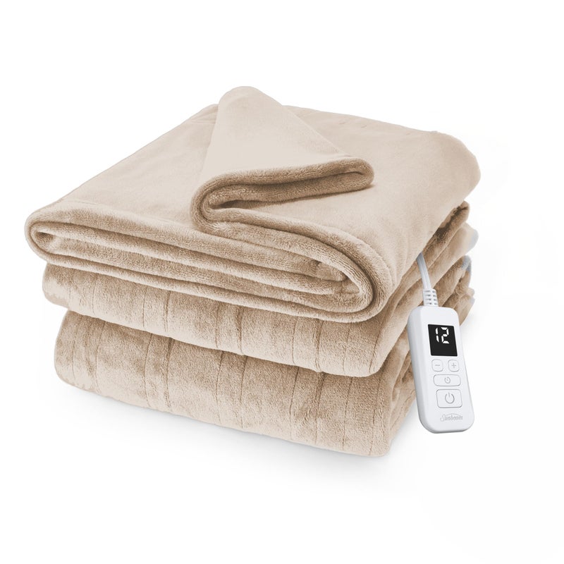 Sunbeam Electric Royal Posh Velvet Heated Blanket, 12 Heat Settings, 12-Hour Selectable Auto Shut-Off, Fast Heating, Warm and Lush, Champagne Color, Full, 84" x 72" - Image 1